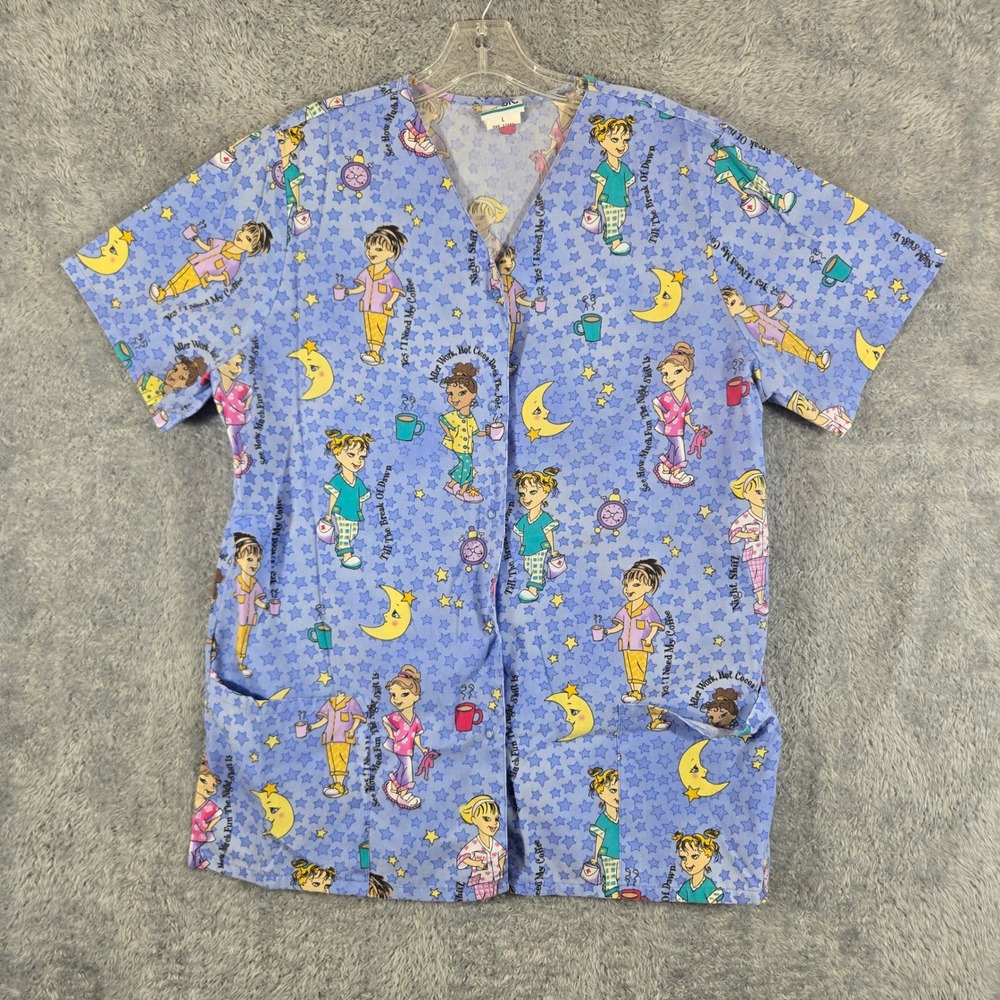 Simply Basic Womens Night Shift Scrub Top Blue Cartoon Print V-Neck Large 926
